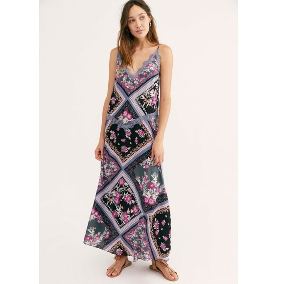 Intimately Free People Stevie Lace Print Maxi Dress Graphite Size Large - Picture 1 of 9